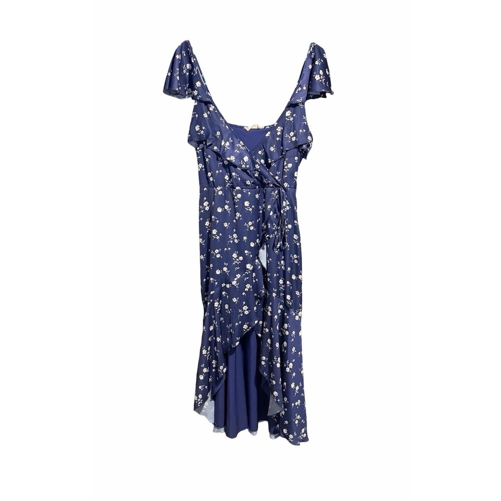 Altar'd State Blue Floral Maxi Dress Size Large Faux Wrap Navy Satin Boho Flowy